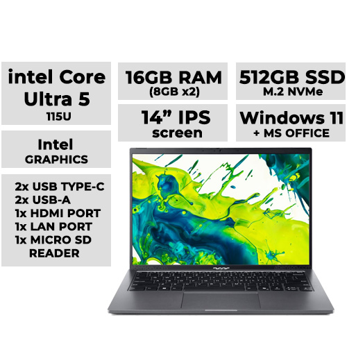 Acer Aspire Go 14 AI Laptop 14" | Intel Core Ultra 5 115U | 16GB DDR5 | 512GB NVMe SSD | Intel Graphics (Model: AG14-71M-55Q4)